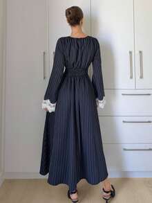 Siren Gaze Women's Striped Round Neck Lace Cuff Waist Drawstring Design Elegant Long Dress - Navy Blue - View 2