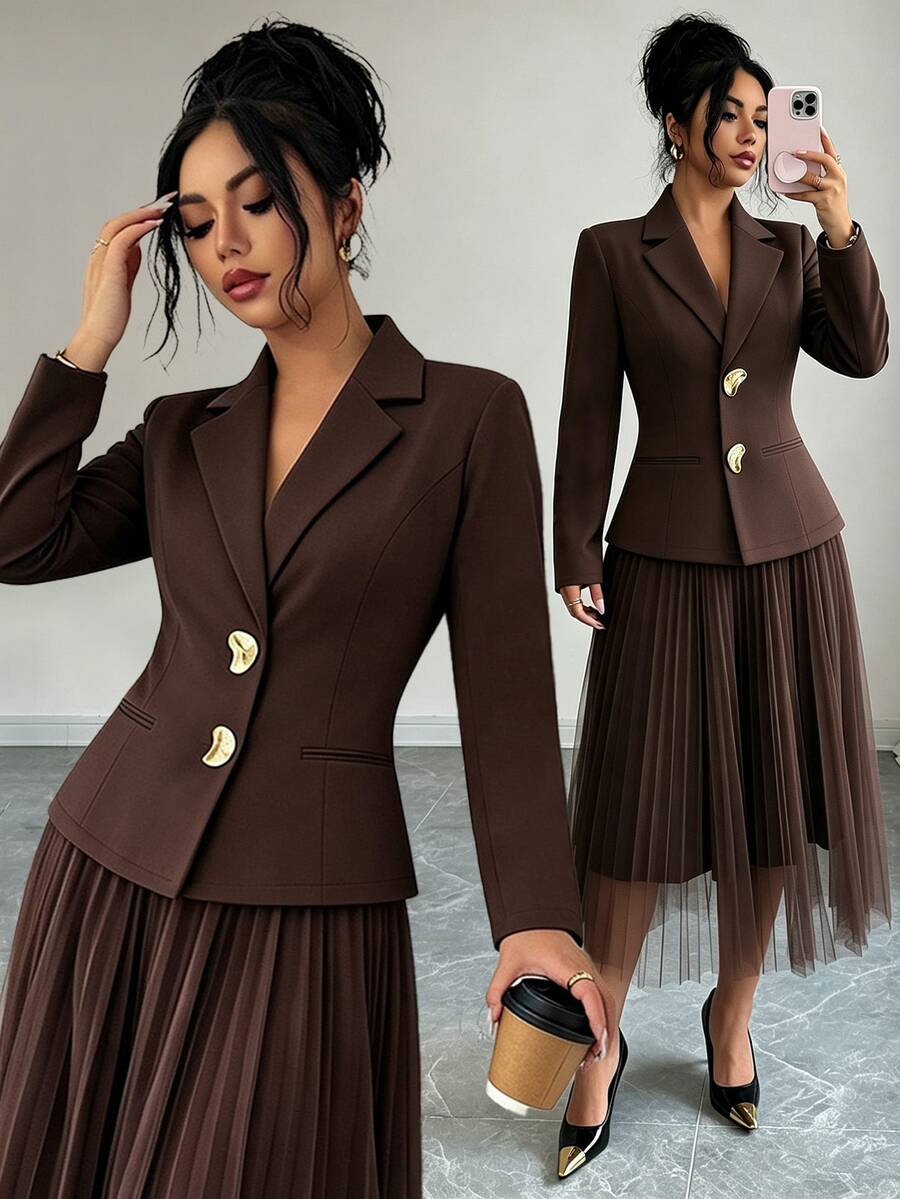 Elenzga Women's Fashion Elegant Long Sleeve Asymmetric Metal Button Double Pocket Blazer And Elastic Waist Sun-Pleated Mesh Skirt Suit Set, Suitable For Daily Commute Wear - Brown - View 1