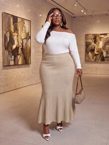 Slaydiva Autumn/Winter Elegant Commute Date Gentle Versatile Ribbed Gradient Mermaid Tail Slim Fit Plus Size Knit Skirt - Khaki - Khaki - View 9