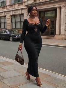 Firerie Women Plus Size Party Dress Elegant Lace Hollow Patchwork Long Sleeve Bodycon Dress - Black - View 7