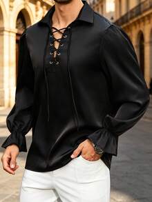 Manfinity AFTRDRK Men's Solid Color Tie Collar Design Fashion Shirt - Black - View 5