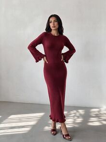 Glamine Women's Solid Color Round Neck Raglan Long Sleeve Elegant Sexy Backless Tie-Up Long Knit Dress Going Out Dinner Night Burgundy Fall Christmas New Year - Burgundy - View 7