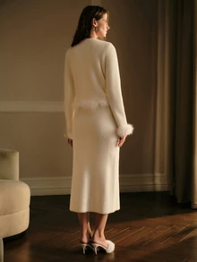 MOTF PREMIUM RHINESTONE DECOR LONG SLEEVE BUTTON KNIT CARDIGAN AND KNIT SKIRT SET - White - View 5