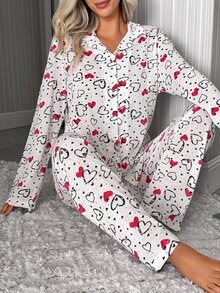 SHEIN Women 2 Pcs Button Front Hearts Pattern Homewear Cute Long Sleeve Pjm Set Sleep Shirt+Pants - Multicolor - View 5
