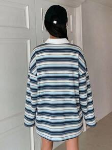 DAZY 女款條紋寬鬆 Polo 領落肩長袖休閒 T 恤 - 藏蓝色 - 查看 2