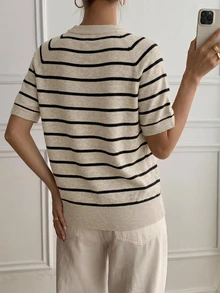 DAZY Women's Colorblock Striped Fitted Short Sleeve Round Neck Casual Vacation Spring/Autumn Knit Sweater Top - Apricot - View 5