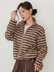 Dazy-Less Jaket Wanita Regular Bergaris Warna Blok dengan Resleting dan Kerah Tegak, Cocok untuk Musim Gugur/Dingin - Coffee Brown - View 5