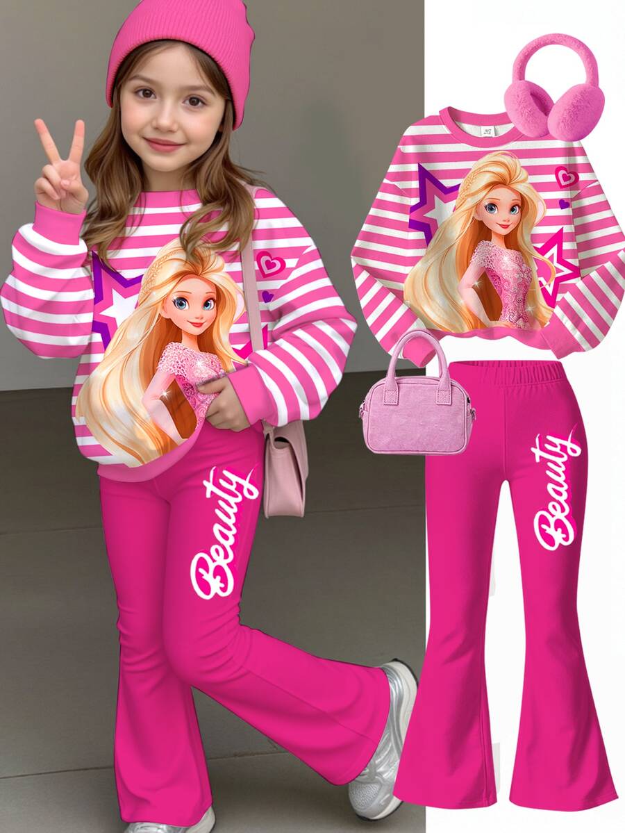 女童休閒極簡寬鬆圓領長袖衛衣與喇叭褲兩件套,內層保暖,適合秋冬穿著 - 彩色 - 查看 1