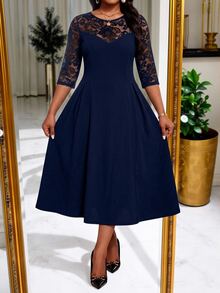 SHEIN Lady CURVE Plus Size Women Lace Patchwork Pleated Casual Party Dress - Navy Blue - View 3