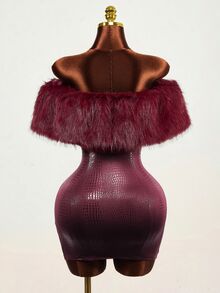Mistrie Women's Autumn/Winter Sexy Party Solid Burgundy Off-Shoulder Faux Fur Collar Patchwork PU Mini Dress - Burgundy - View 3