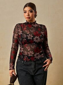 Travachic 大尺碼女款印花上衣，修身長袖網紗上衣 - 彩色 - 查看 7