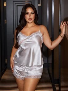 SilkySpell White Lace Patchwork Sexy Camisole Shorts Nightgown 3 Pieces Set For Plus Size Women - White - View 3