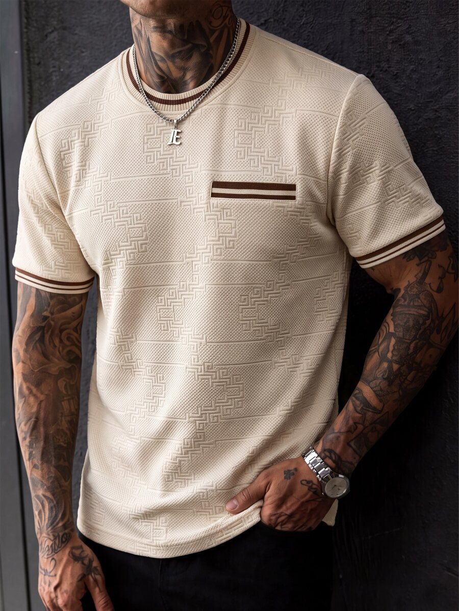 EGENSIO Men's Business Casual Everyday Knit Jacquard Solid Color Textured Collar And Cuffs Ribbed T-Shirt - Apricot - View 1