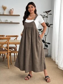 Enliva Plus Size Autumn Plaid Sleeveless High Waist Pinafore Midi Dress Apple - Brown - View 4