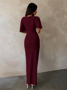 Aloruh New Solid Color Versatile Elegant Intellectual Minimalist Office Commute Ruched Decor Loose Top Tight Skirt Long Sleeve Midi Dress - Burgundy - View 2