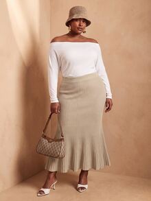Slaydiva Autumn/Winter Elegant Commute Date Gentle Versatile Ribbed Gradient Mermaid Tail Slim Fit Plus Size Knit Skirt - Khaki - Khaki - View 8