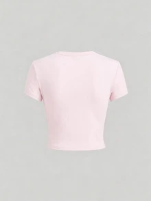 SHEIN 女款素色圓領短袖修身簡約百搭T恤 - 彩色 - 查看 3