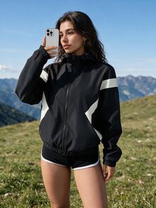 Exploreva Women's Colorblock Long Sleeve Zip-Up Loose Fit Sports Jacket - Black - View 3