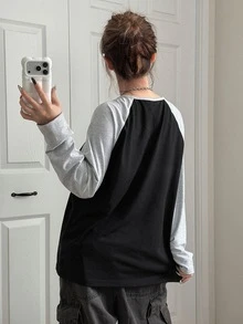 FRIFUL Women's Colorblock Round Neck Button Loose Long Sleeve T-Shirt Everyday School Black Autumn Casual - Grey - View 6