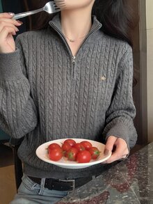 DAZY 女款麻花編織長袖半拉鍊休閒毛衣 - 灰色 - 查看 3