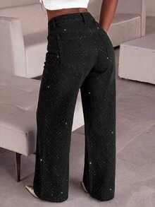 Slaydiva Women's Loose Wide Leg Shiny Casual Denim Jeans With Pockets - Black - View 2