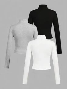 SHEIN EZwear 3件裝休閒極簡風黑色、灰色、白色針織拉鍊長袖女款T恤，適合秋冬穿著 - 彩色 - 查看 2
