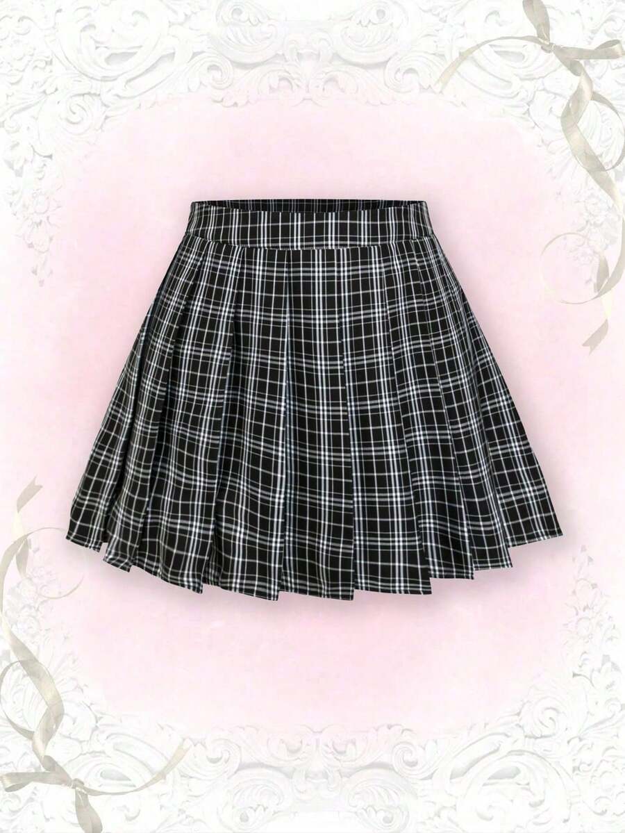 Sweetra Plus Size Korean Style Plaid Pleated Mini Skirt, Preppy - Multicolor - View 1