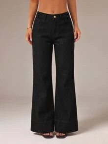 SHEIN PETITE Women's Casual Versatile Flare Leg Denim Jeans With Pockets - Black - View 8