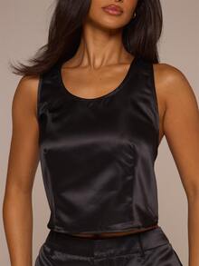 MUSERA ESSENTIALS Black Satin Plunge Racerback Crop Top Autumn Winter Night Out Day To Eve - Black - View 6