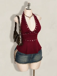 SHEIN ICON 萬聖節女款掛脖露背黑色娃娃裝背心 - 酒紅色 - 查看 7