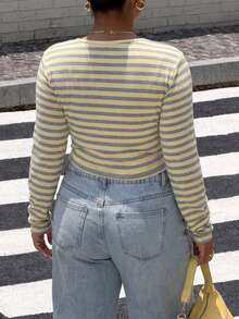Muchica Plus Size Women's Striped Casual Daily Long Sleeve Top - Multicolor - View 2