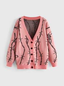 ROMWE Dark Gothic Halloween Thorn Jacquard Loose Open Front Cardigan - Pink - View 1