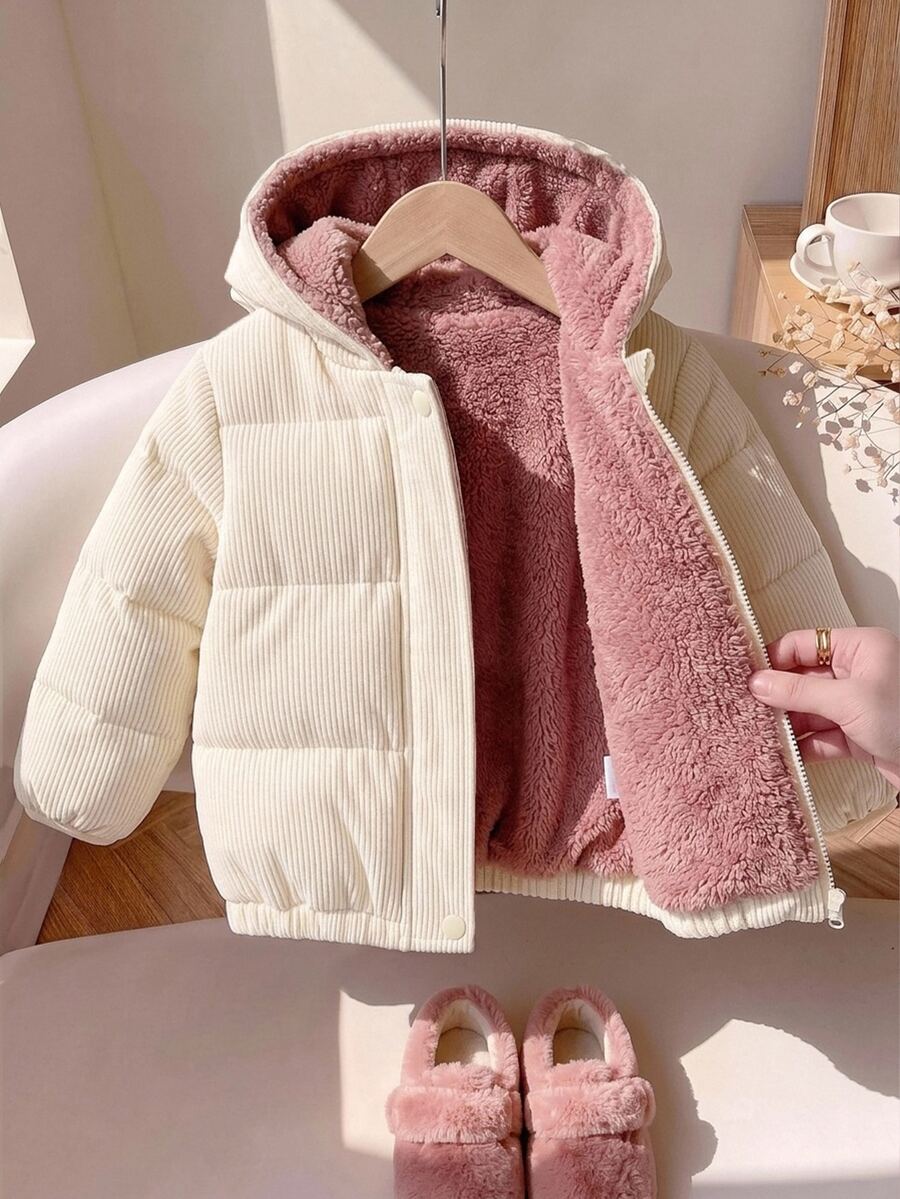 SHEIN 女嬰可愛秋冬百搭休閒保暖燈芯絨內層加厚連帽外套 - 卡其色 - 查看 1