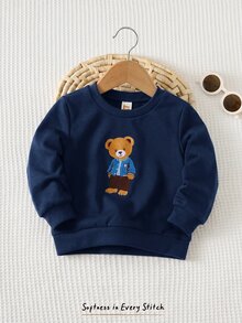 Cozy Pixies 男嬰卡通熊圖案圓領長袖套頭運動衫，全印花T恤式秋季上衣 - 藏蓝色 - 查看 3