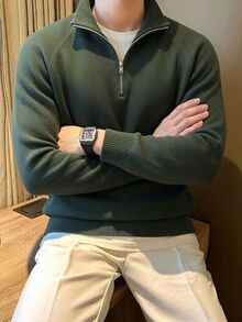 Manfinity Homme Men's Fitted Raglan Sleeve Long Sleeve Ribbed Zip Collar Pullover Knit Sweater, Men's Commute Workplace Outfit, Casual Daily Wear, Autumn/Winter Fashion Men's Sweater - Army Green - View 2