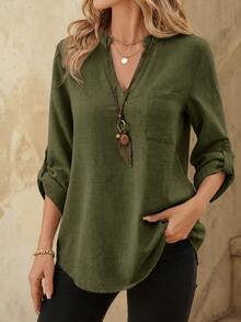 EMERY ROSE Women's Spring All-Over Print Notch Collar 3/4 Sleeve Work Shirt - Dark Green - View 1