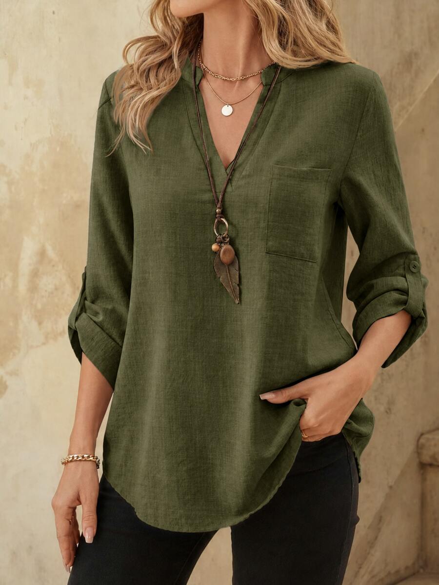 EMERY ROSE Women's Spring All-Over Print Notch Collar 3/4 Sleeve Work Shirt - Dark Green - View 1