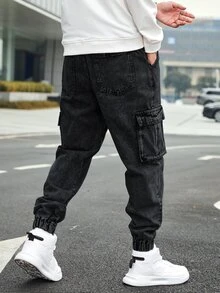 EGENSIO Plus Size Men's Drawstring Waist Casual Daily Wear Cargo Denim Jeans - Black - View 2
