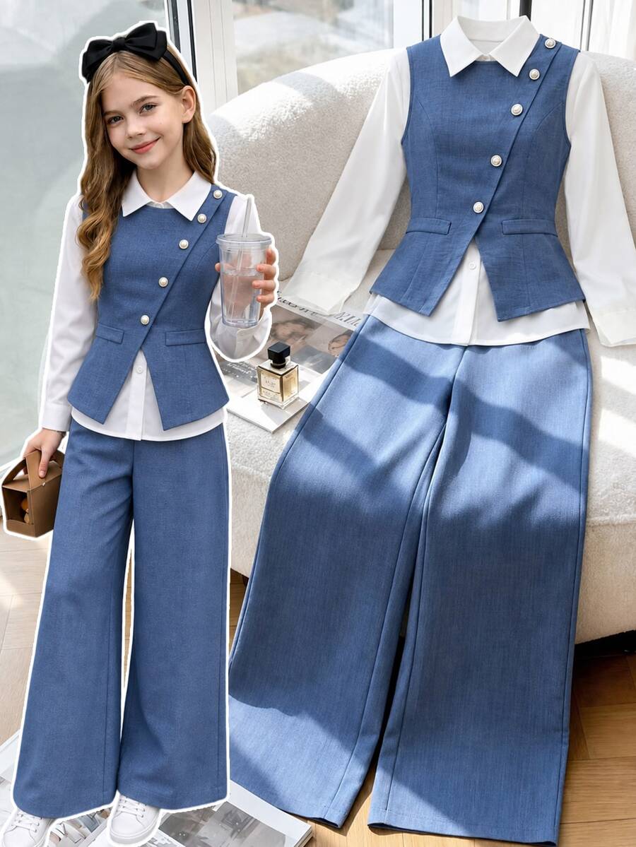 SHEIN 女童秋季休閒 80 年代可愛 V 領無袖腰帶夾克、長袖白色襯衫、寬腿直筒長褲三件套，校園藍 - 藍色 - 查看 1