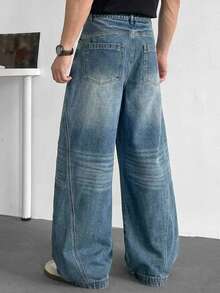 DAZY Spring/Autumn Blue Washed Distressed Curved Leg Wide Leg Men's Jeans - Blue - View 6
