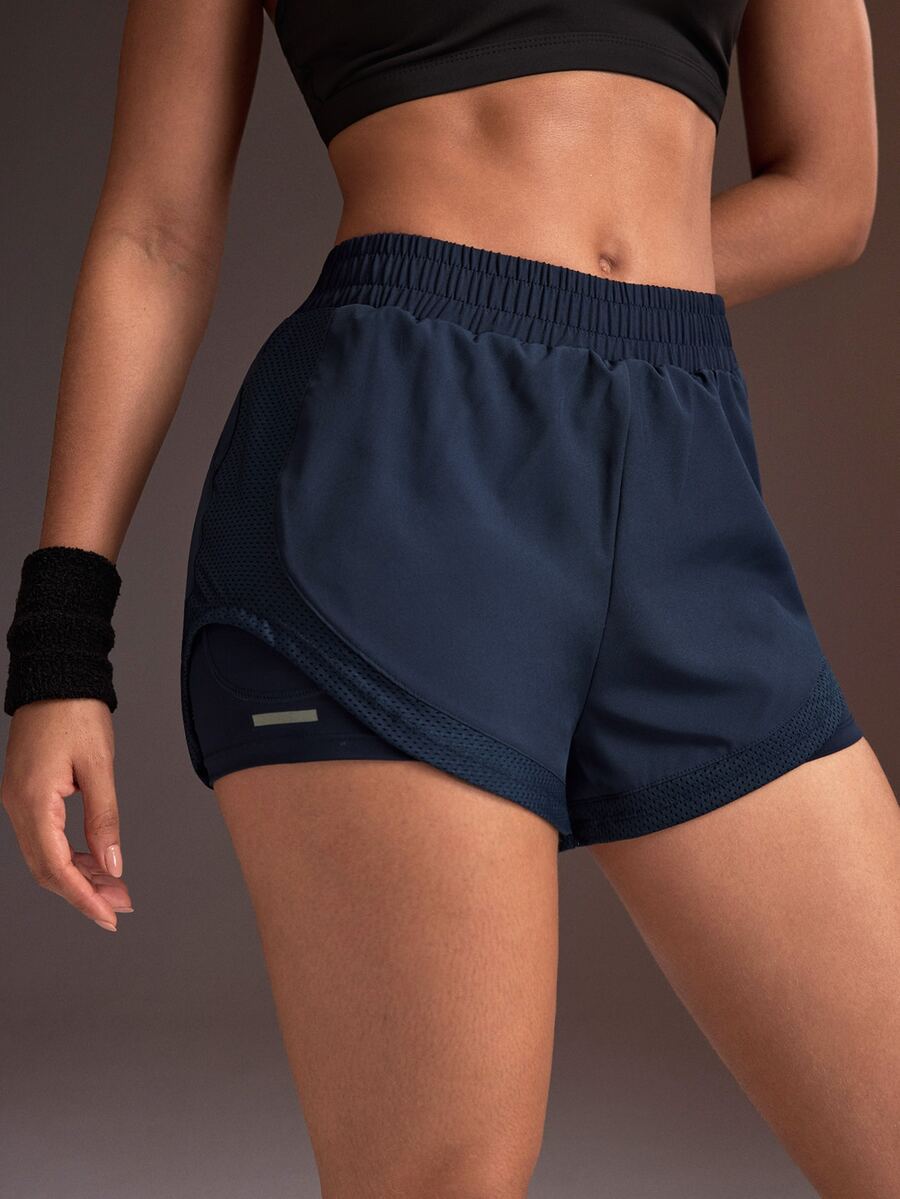 Powerista Women's Elastic Waist Double Layer Daily Fitness Sports Shorts - Navy Blue - View 1