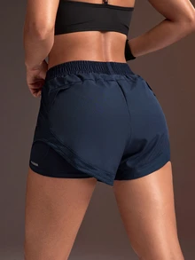 Powerista Women's Elastic Waist Double Layer Daily Fitness Sports Shorts - Navy Blue - View 2