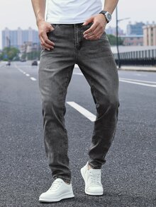 QuarKem 男士休閒直筒牛仔褲，附口袋，水洗做舊百搭款 - 灰色 - 查看 4