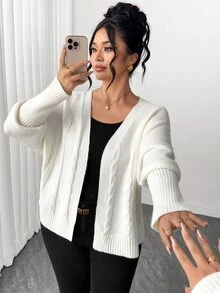 SHEIN Elenzya Women's Autumn New Single Piece Rope Pattern Sleeve Tight Design Loose Short Versatile Solid Color Daily Commute Knit Cardigan Sweater Plus Size - Beige - View 7