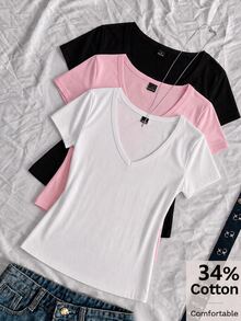 SHEIN EZwear 3件組女款素色V領短袖休閒T恤 - 彩色 - 查看 1