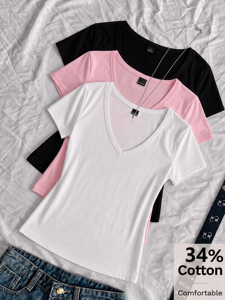 SHEIN EZwear 3件組女款素色V領短袖休閒T恤 - 彩色 - 查看 1