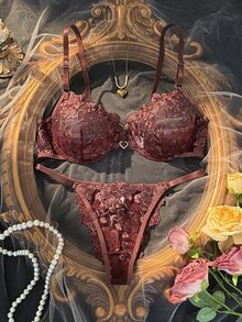 SHEIN Women's Sexy Heart Rhinestone Underwire Push-Up Embroidered -Back Panty Lingerie Set 2pcs - Red Violet - View 3