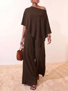 Zivah Set Kasual Wanita Atasan dan Celana Panjang dengan Bahu Asimetris Warna Polos - Coklat - View 5