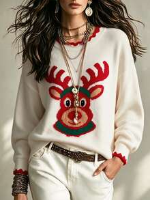 SHEIN Franclia Ladies White Cute Elk Pattern Long Sleeve Casual Xmas Pullover Jumper - Apricot - View 2