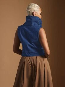 Vixey Funnel Neck Relaxed Fit Denim Top - Medium Wash - View 5